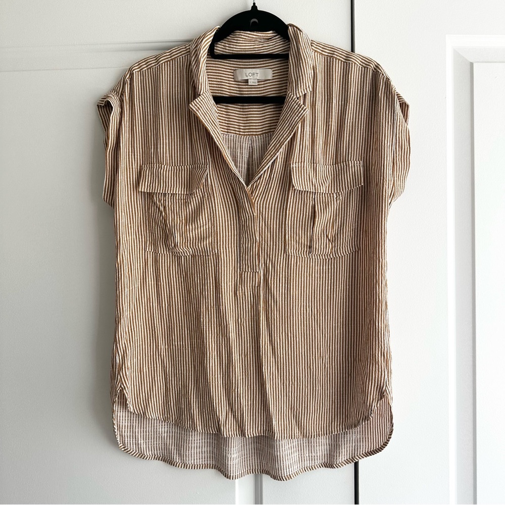 LOFT Brown and White Striped Short-Sleeve Collared Shirt